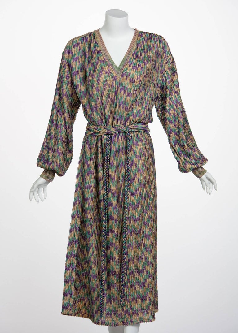 Missoni Multicolored Jewel Tone Metallic Knit Belted Dress, 1970s Basha Gold Missoni Multicolored Jewel Tone Metallic Knit Belted Dress, 1970s Basha Gold