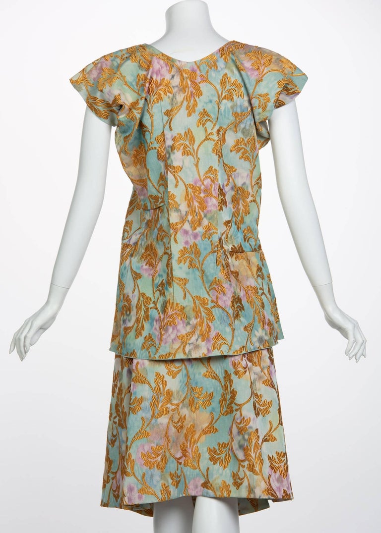 2000s Marni Gold Leaf Turquoise Lilac Watercolor Brocade Gold Top & Skirt Set