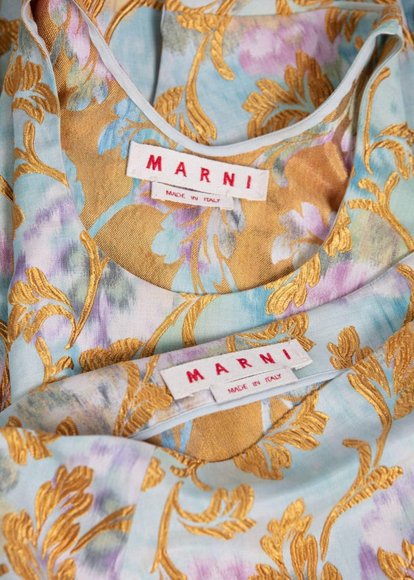 2000s Marni Gold Leaf Turquoise Lilac Watercolor Brocade Gold Top & Skirt Set