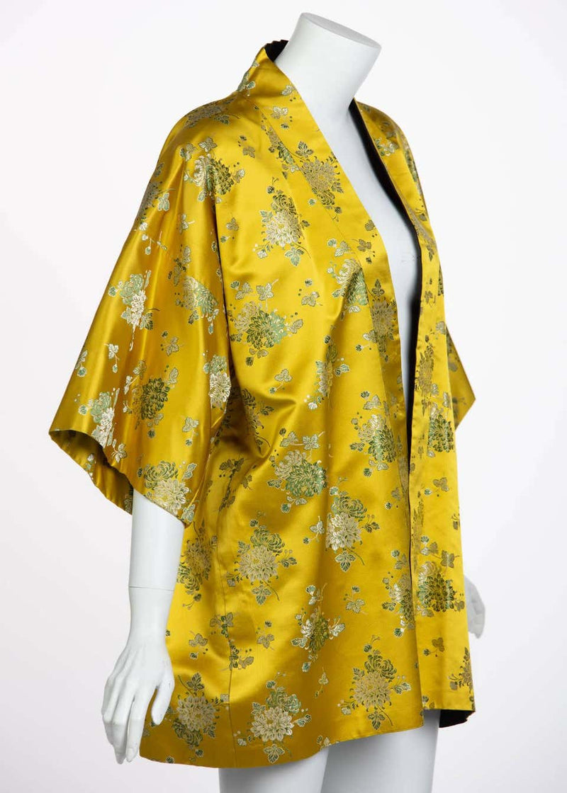 1960s Golden Yellow Silk Silver Floral Brocade Chinese Jacket