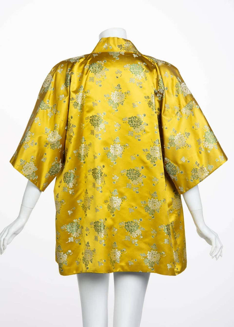 1960s Golden Yellow Silk Silver Floral Brocade Chinese Jacket