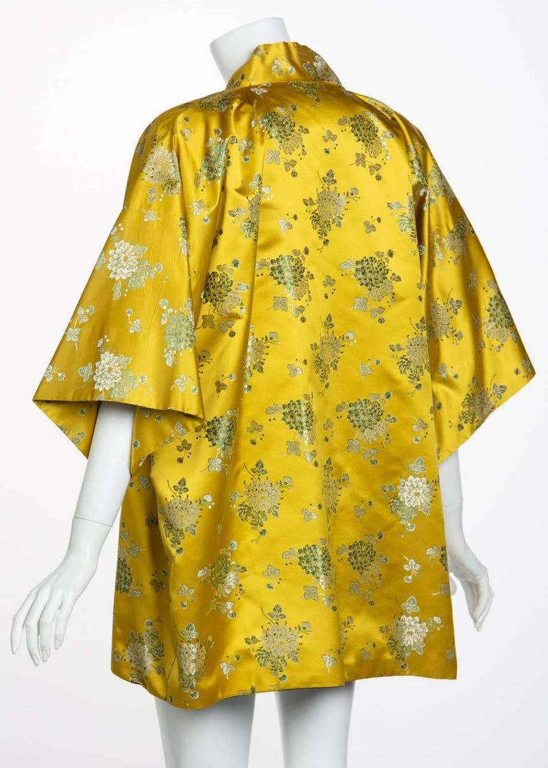 1960s Golden Yellow Silk Silver Floral Brocade Chinese Jacket