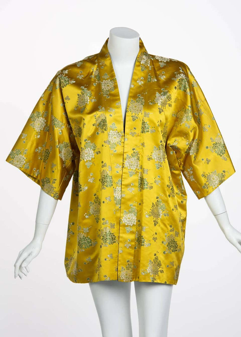 1960s Golden Yellow Silk Silver Floral Brocade Chinese Jacket