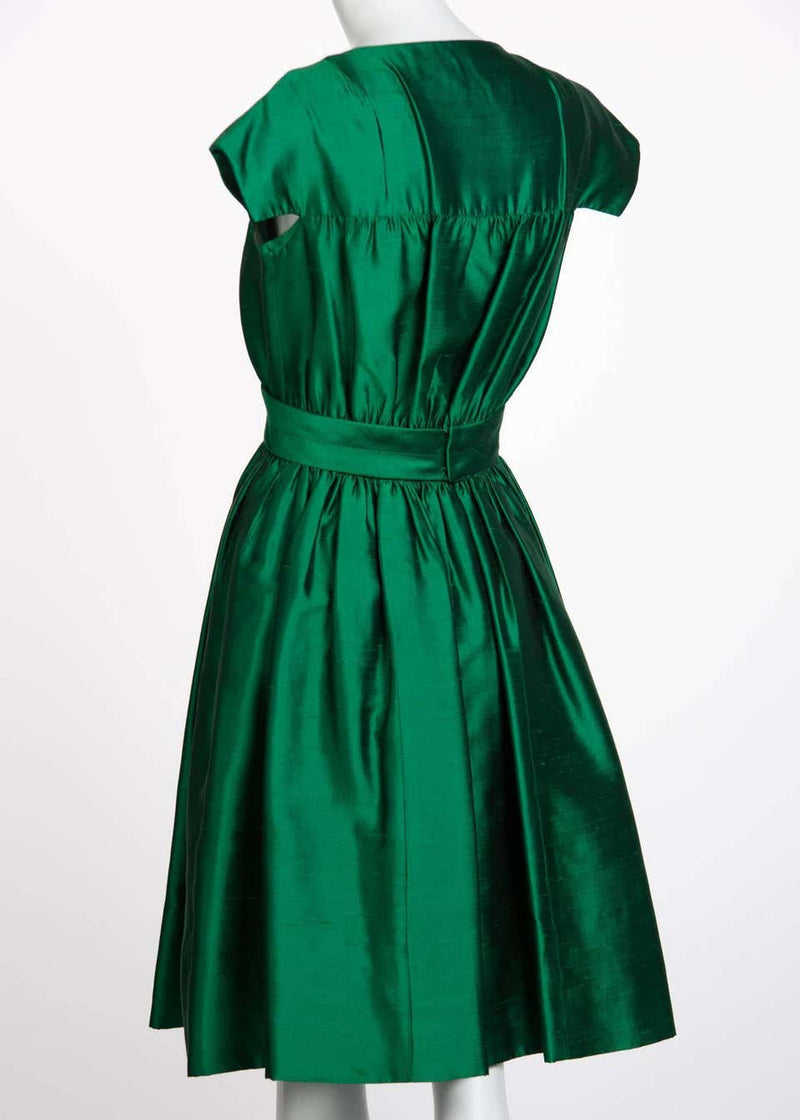 1950s Henri Bendel Emerald Green Silk Belted Full Skirt Cocktail Dress