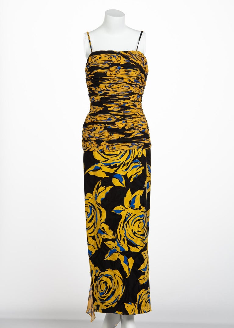 Valentino Yellow Floral Print Draped Black Silk Fishtail Gown Shawl 1970s