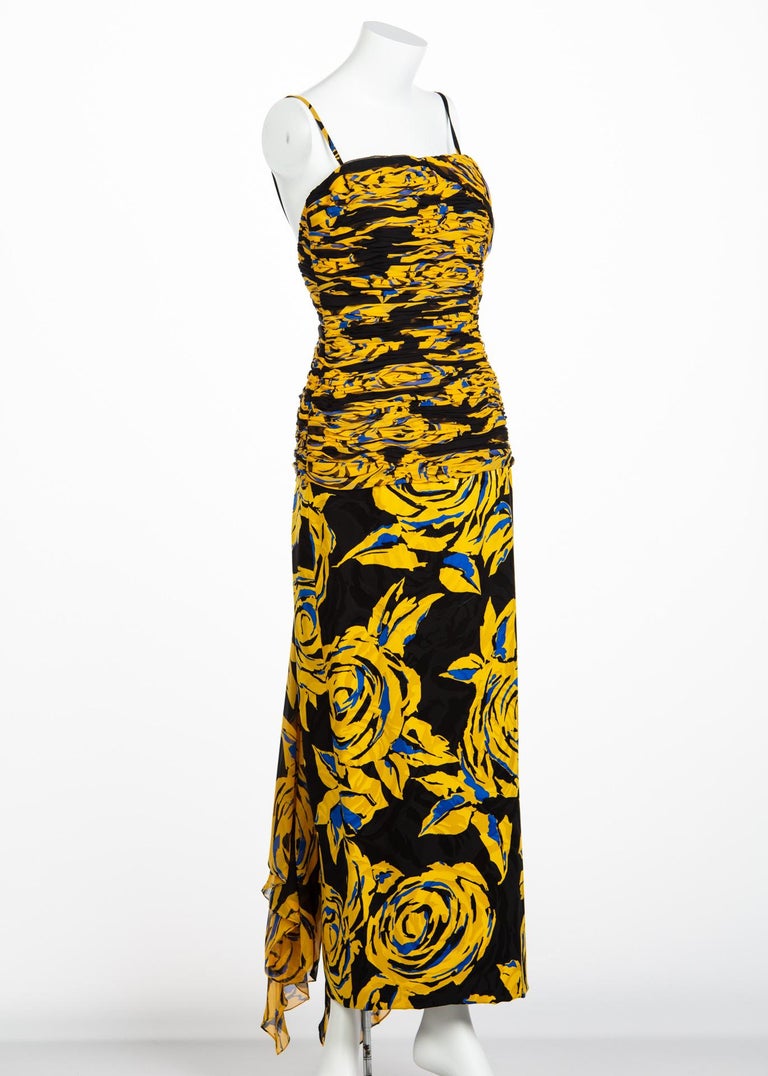 Valentino Yellow Floral Print Draped Black Silk Fishtail Gown Shawl 1970s