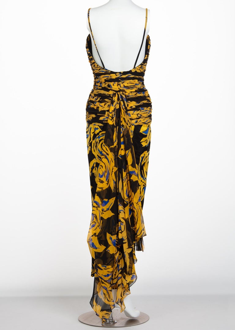 Valentino Yellow Floral Print Draped Black Silk Fishtail Gown Shawl 1970s