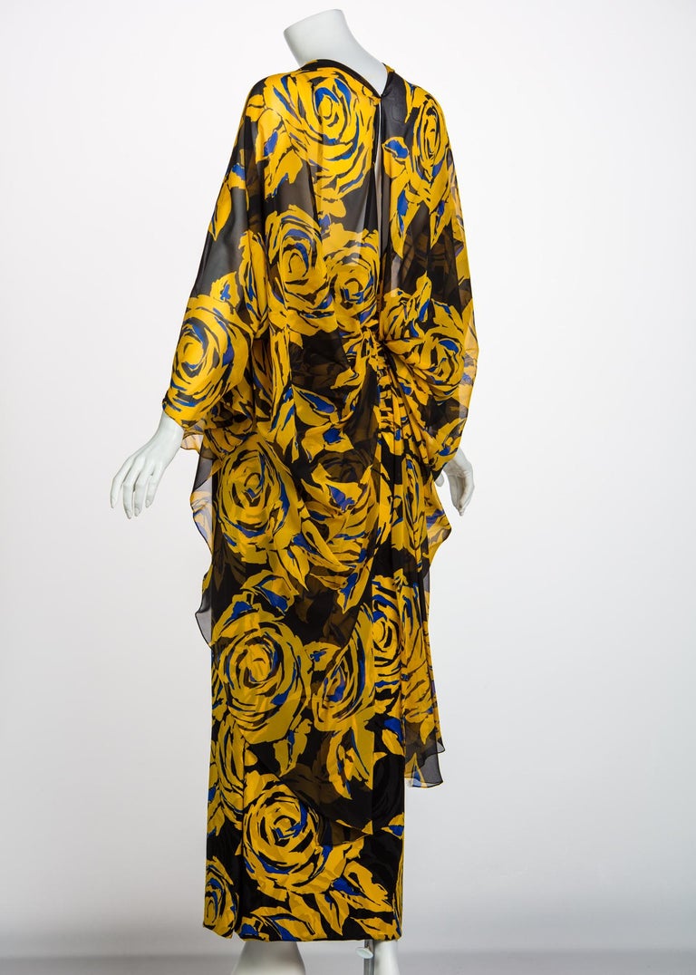 Valentino Yellow Floral Print Draped Black Silk Fishtail Gown Shawl 1970s