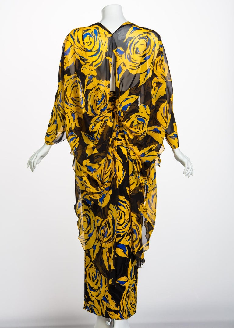 Valentino Yellow Floral Print Draped Black Silk Fishtail Gown Shawl 1970s