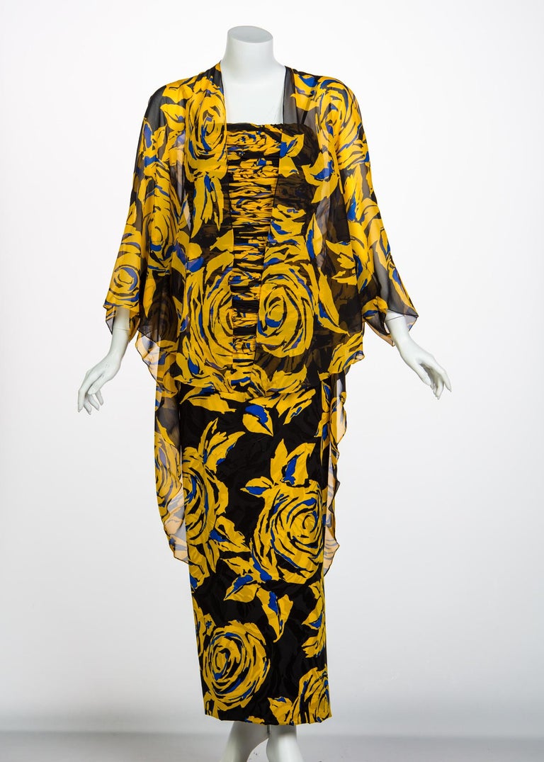 Valentino Yellow Floral Print Draped Black Silk Fishtail Gown Shawl 1970s