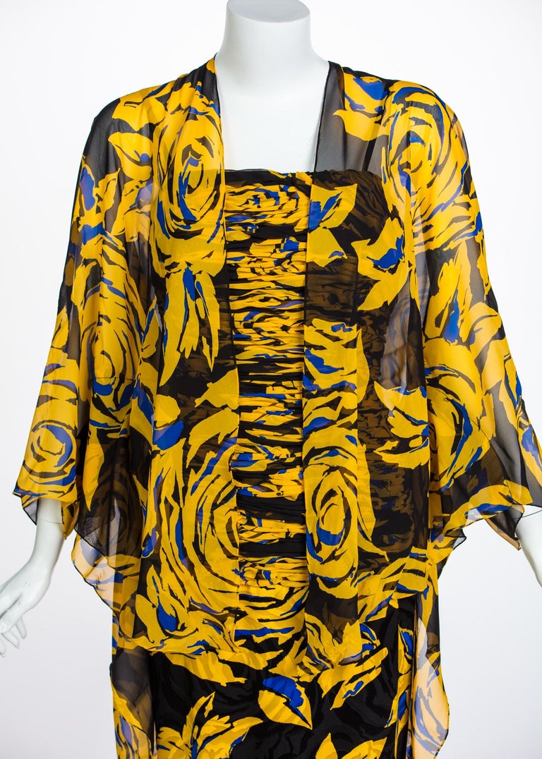 Valentino Yellow Floral Print Draped Black Silk Fishtail Gown Shawl 1970s