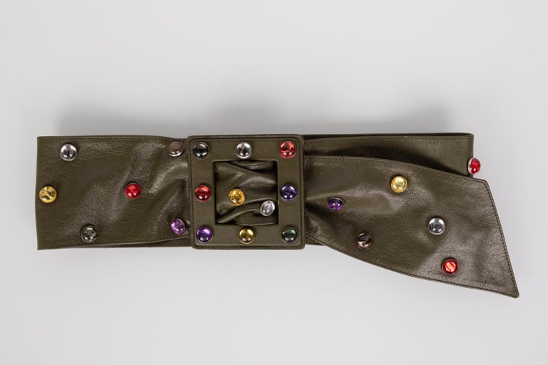 Saint Laurent Olive Green Wide Leather Jewel Belt YSL, 1980s