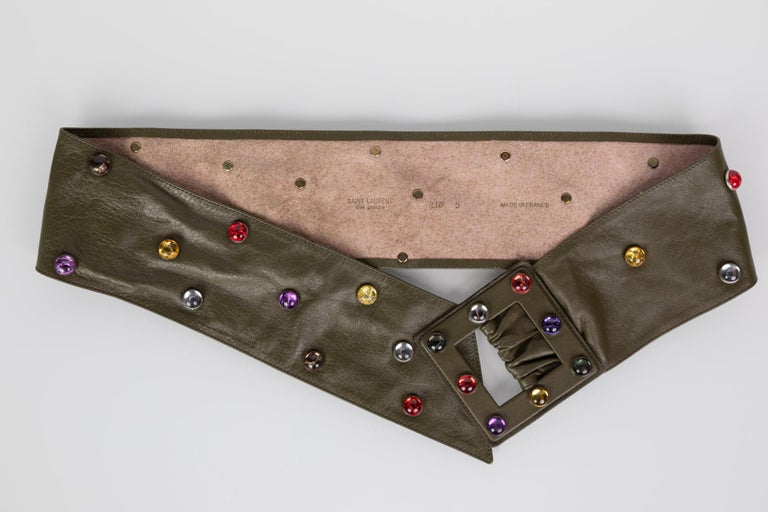 Saint Laurent Olive Green Wide Leather Jewel Belt YSL, 1980s