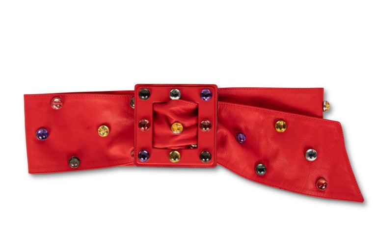 Saint Laurent Red Leather Jewel Belt YSL, 1980s