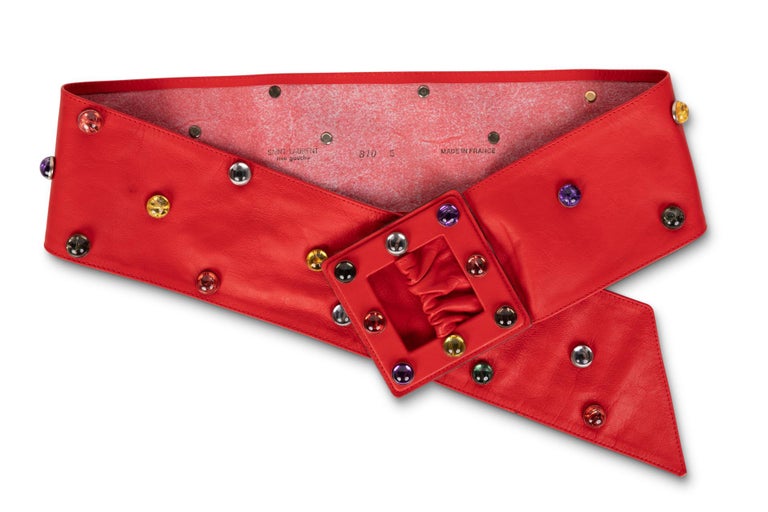 Saint Laurent Red Leather Jewel Belt YSL, 1980s