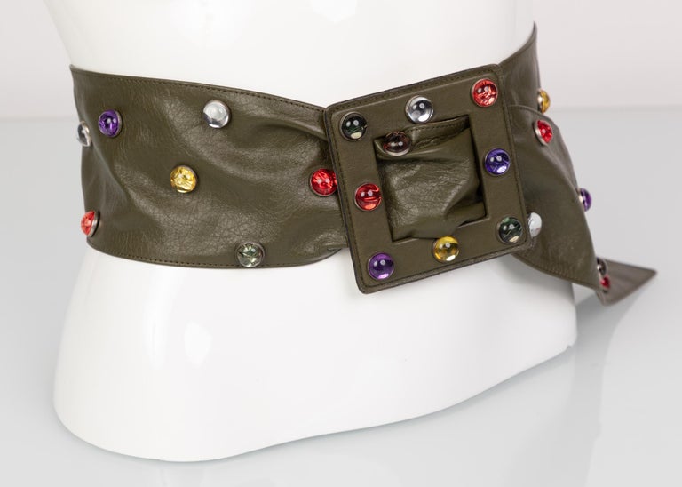 Saint Laurent Olive Green Wide Leather Jewel Belt YSL, 1980s