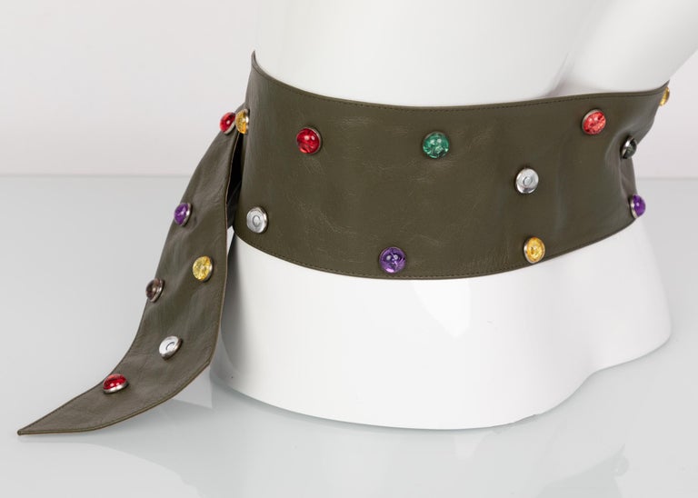 Saint Laurent Olive Green Wide Leather Jewel Belt YSL, 1980s