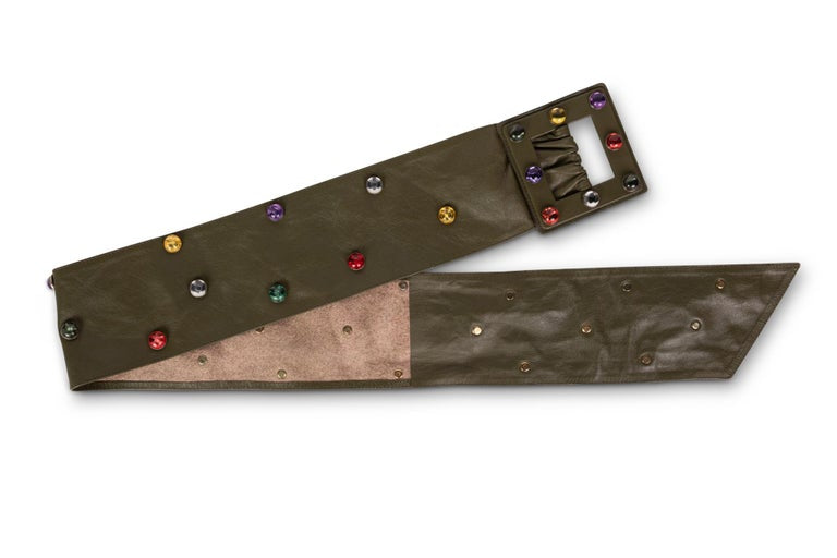 Saint Laurent Olive Green Wide Leather Jewel Belt YSL, 1980s