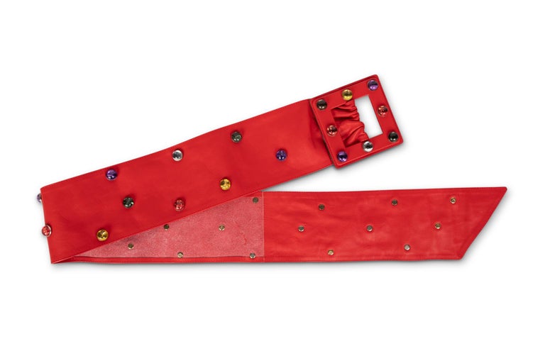 Saint Laurent Red Leather Jewel Belt YSL, 1980s