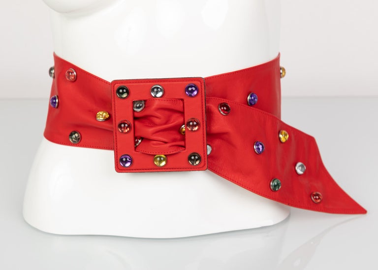 Saint Laurent Red Leather Jewel Belt YSL, 1980s