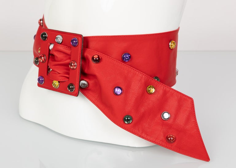 Saint Laurent Red Leather Jewel Belt YSL, 1980s