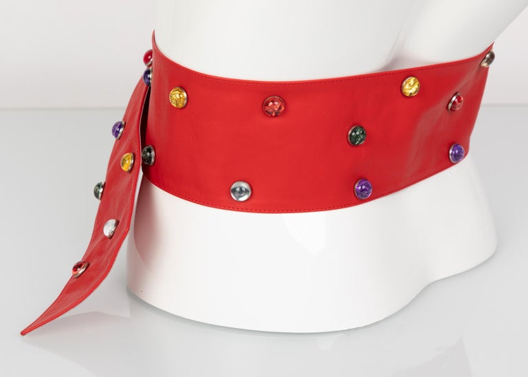 Saint Laurent Red Leather Jewel Belt YSL, 1980s