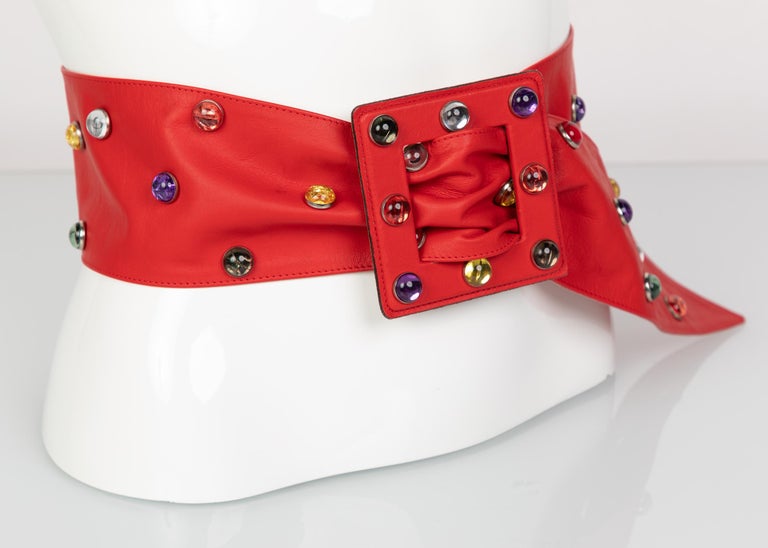 Saint Laurent Red Leather Jewel Belt YSL, 1980s