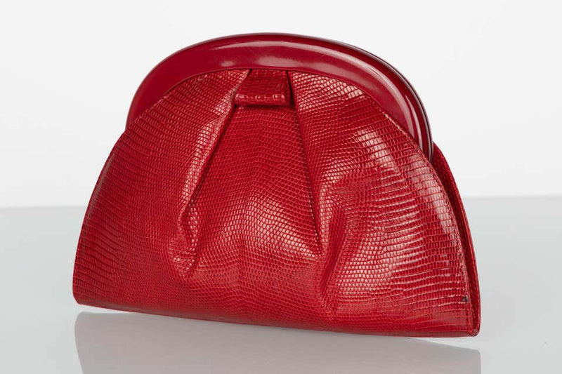 Vintage Bottega Veneta Red Karung Lucite Frame Clutch Bag