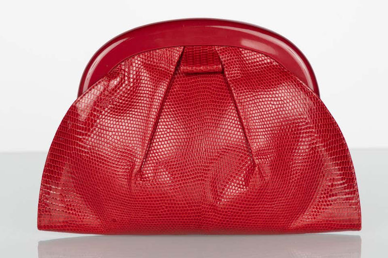 Vintage Bottega Veneta Red Karung Lucite Frame Clutch Bag