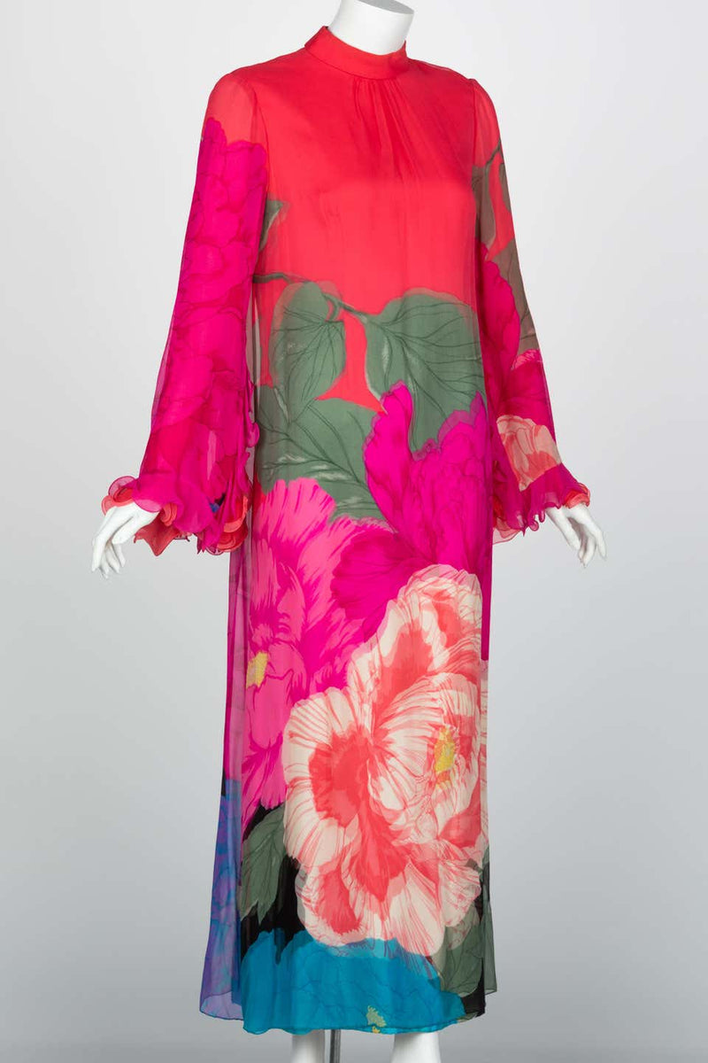 Hanae Mori Couture Bright Floral Silk Museum Held Dress, 1960s
