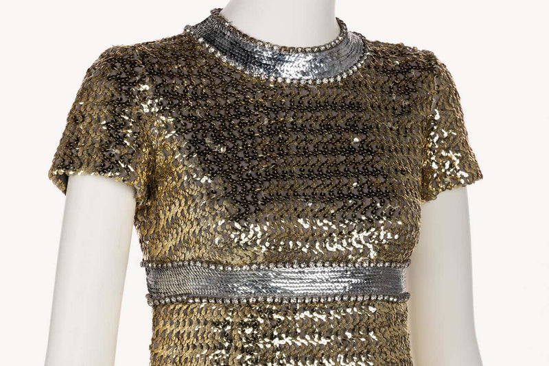 1960s Gold & Silver Sequin Rhinestone Dress Possibly Pierre Cardin