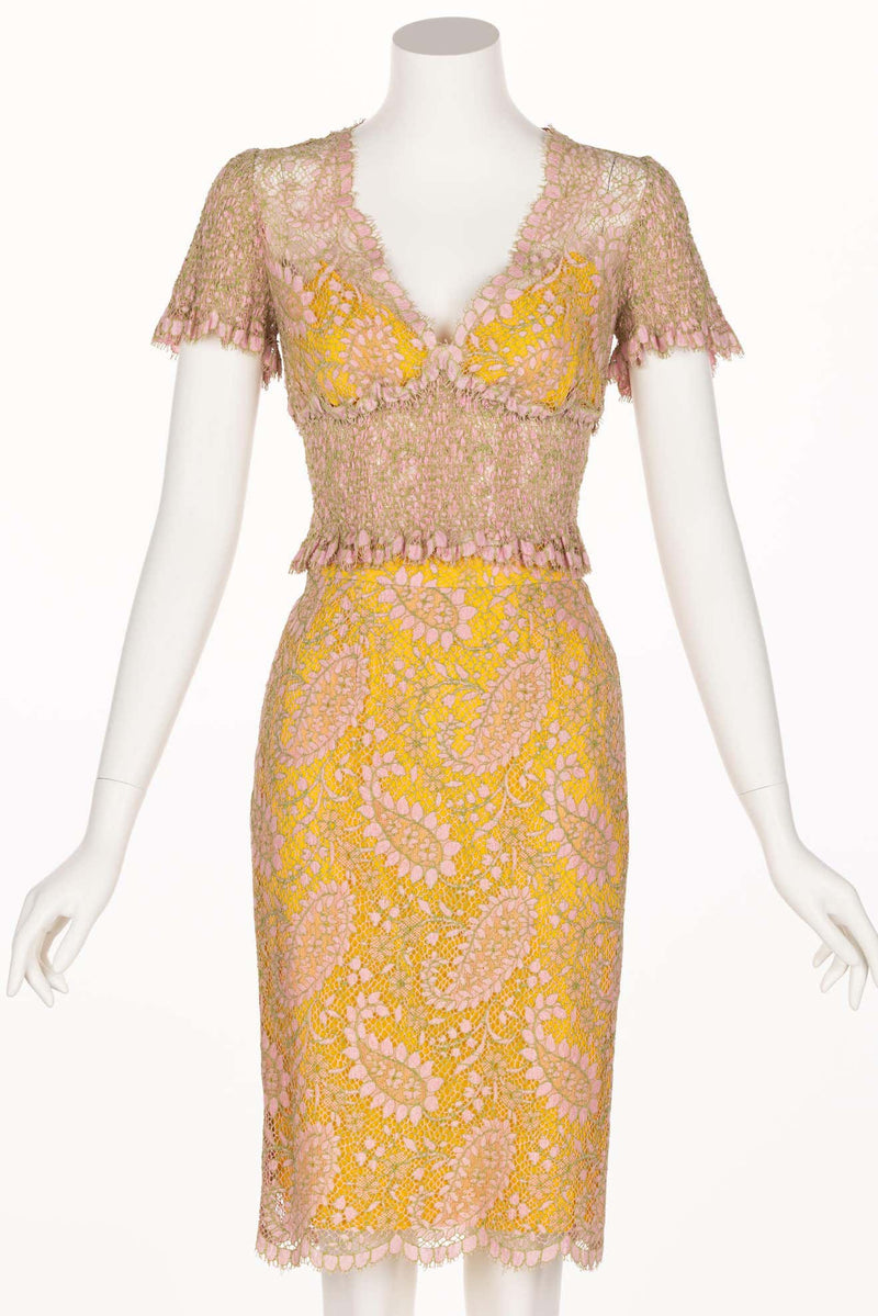 Chloé Karl Lagerfeld Pink Yellow Lace Top & Skirt Set, 1990s