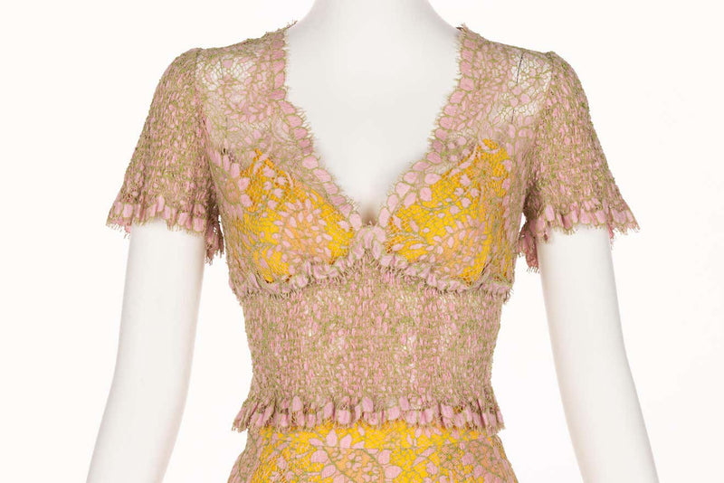 Chloé Karl Lagerfeld Pink Yellow Lace Top & Skirt Set, 1990s