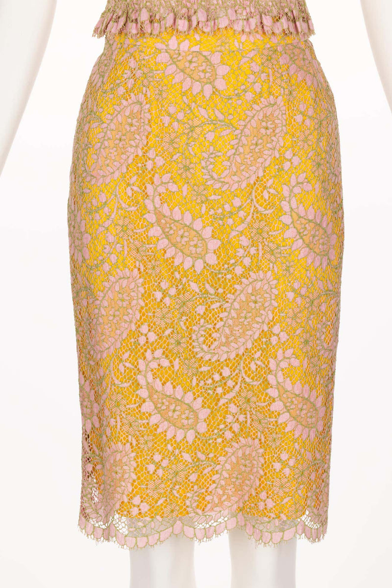Chloé Karl Lagerfeld Pink Yellow Lace Top & Skirt Set, 1990s