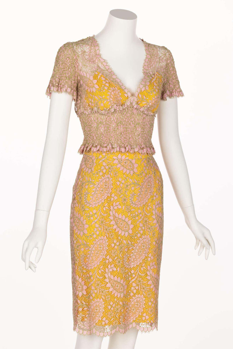 Chloé Karl Lagerfeld Pink Yellow Lace Top & Skirt Set, 1990s