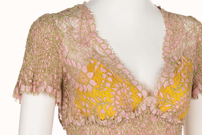 Chloé Karl Lagerfeld Pink Yellow Lace Top & Skirt Set, 1990s