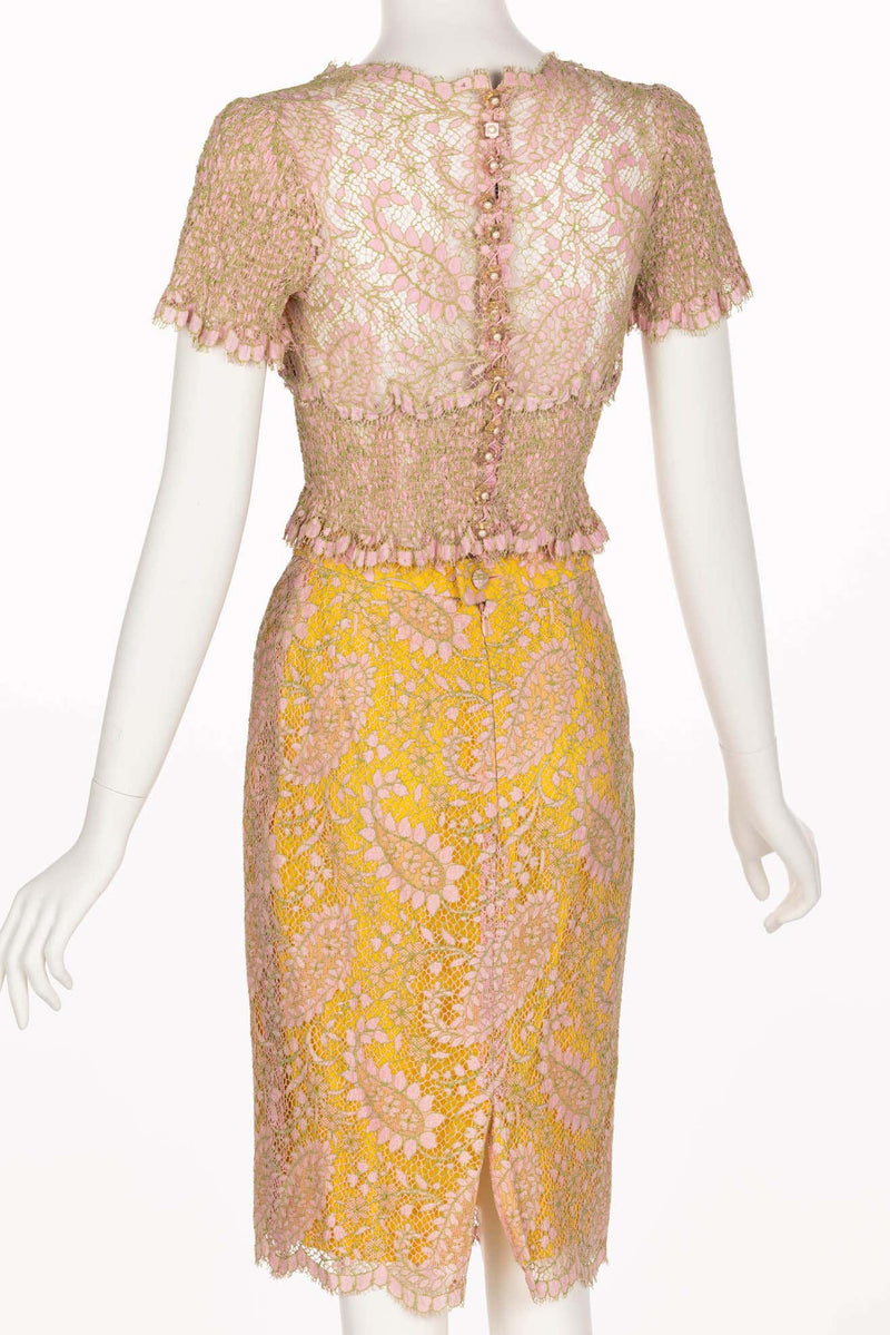 Chloé Karl Lagerfeld Pink Yellow Lace Top & Skirt Set, 1990s