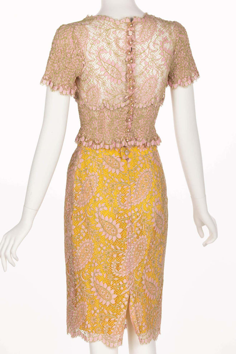 Chloé Karl Lagerfeld Pink Yellow Lace Top & Skirt Set, 1990s
