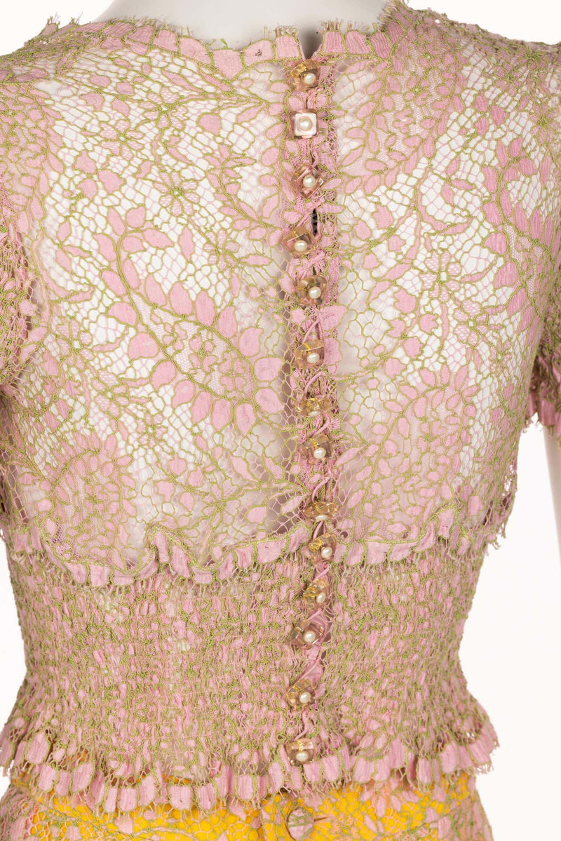Chloé Karl Lagerfeld Pink Yellow Lace Top & Skirt Set, 1990s