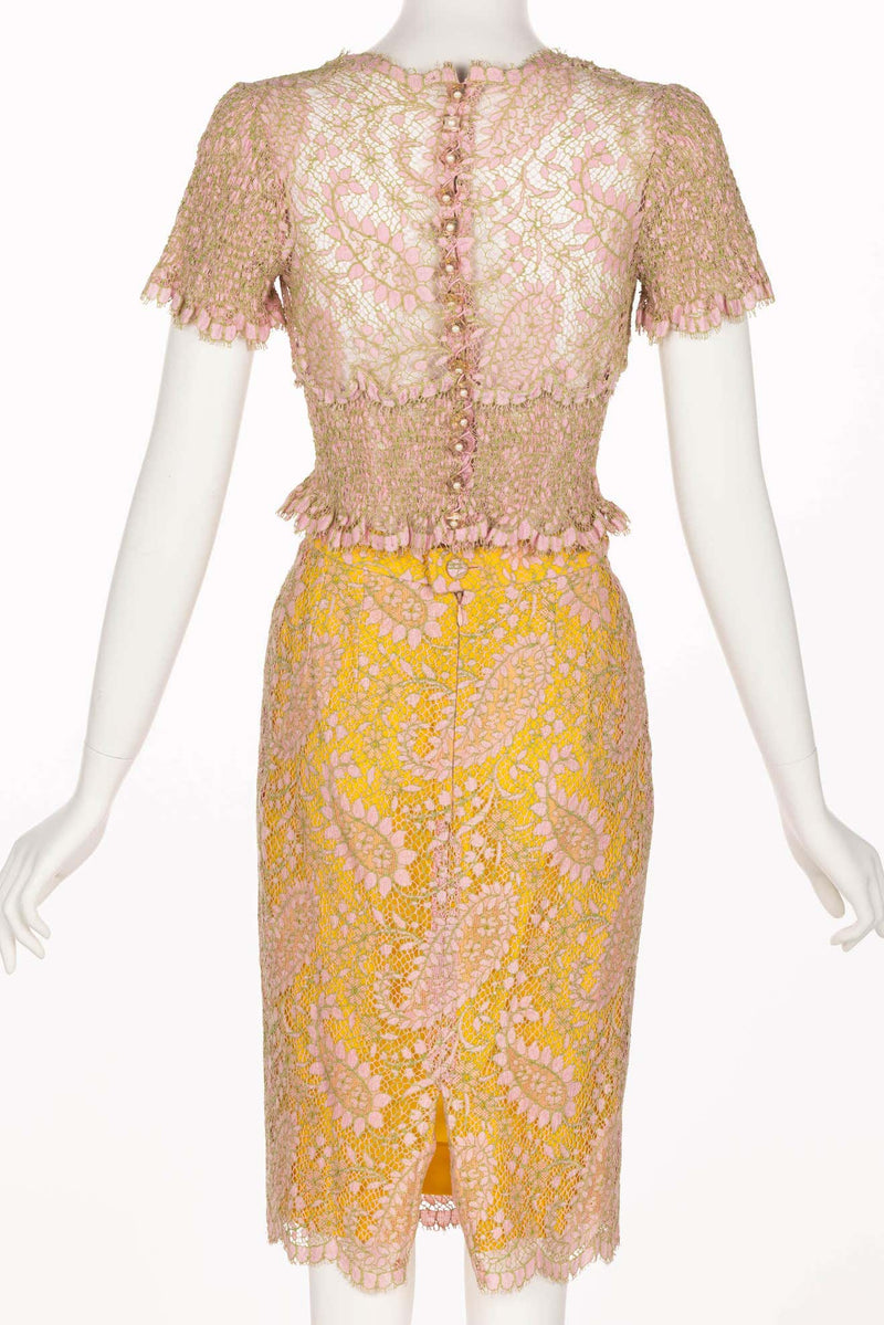 Chloé Karl Lagerfeld Pink Yellow Lace Top & Skirt Set, 1990s