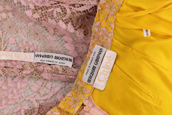 Chloé Karl Lagerfeld Pink Yellow Lace Top & Skirt Set, 1990s