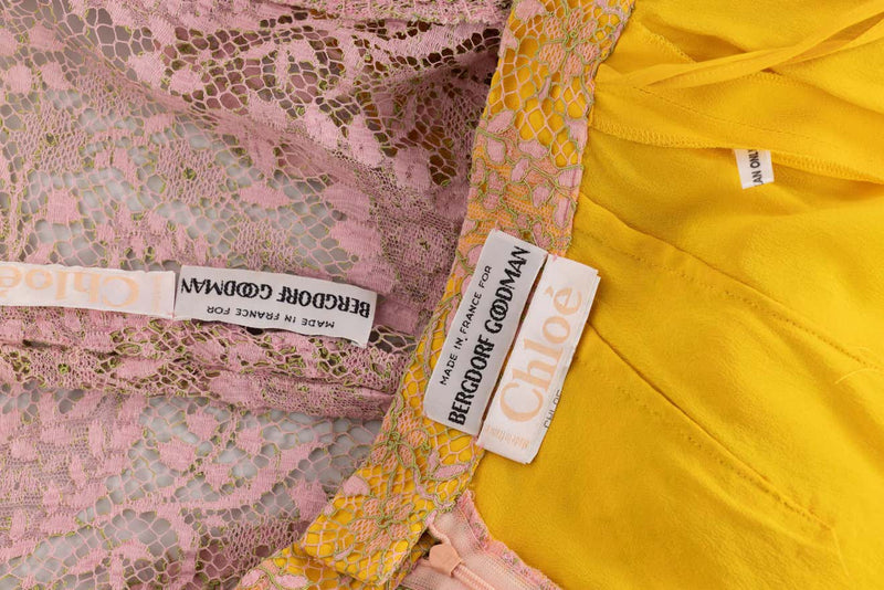 Chloé Karl Lagerfeld Pink Yellow Lace Top & Skirt Set, 1990s