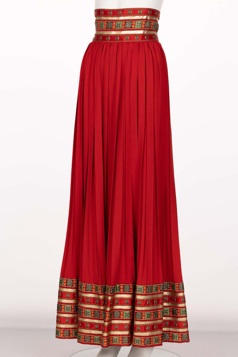 Lanvin Jules-François Crahay Demi Couture Documented  Red Pleated Brocade Maxi Skirt 1970s