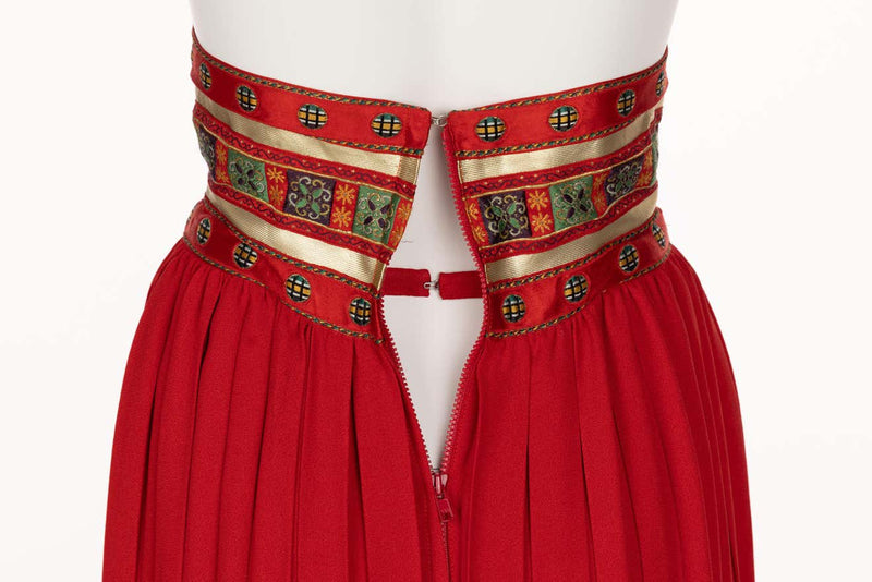 Lanvin Jules-François Crahay Demi Couture Documented  Red Pleated Brocade Maxi Skirt 1970s