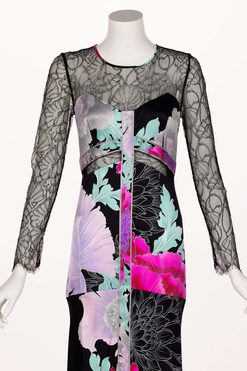Leonard Paris Floral Silk Lace Inset Maxi Dress, 1990s