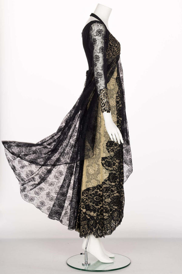 Christain Lacroix Black & Gold Lace Layered Dress, 1990s