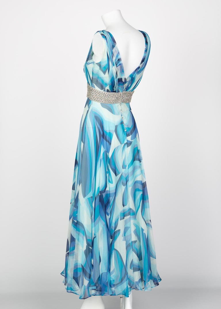 Missoni Blue Printed Plunge Neck Sleeveless Silk Crystal Gown, 2006