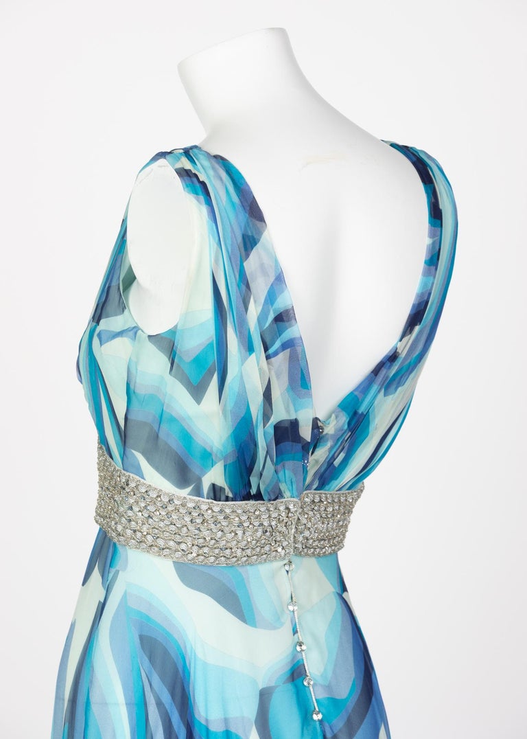 Missoni Blue Printed Plunge Neck Sleeveless Silk Crystal Gown, 2006