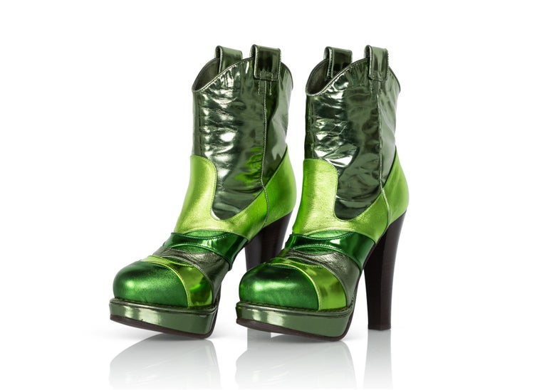Bottega Veneta Metallic Green Leather Ankle Boots, 2010