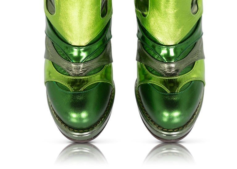 Bottega Veneta Metallic Green Leather Ankle Boots, 2010